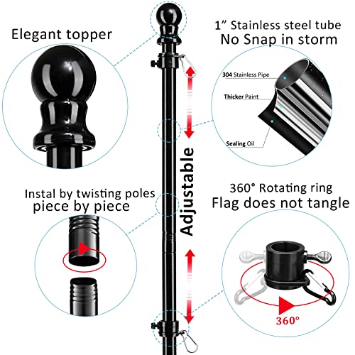 Flag Pole Kit for Outside House in Ground - 8FT Black Metal Outdoor House Yard Garden Flag Pole with 2 Pronges Base - Stainless Steel 3x5FT American Flag with Pole Residential Commercial - size: 8FT(Includes American Flag)