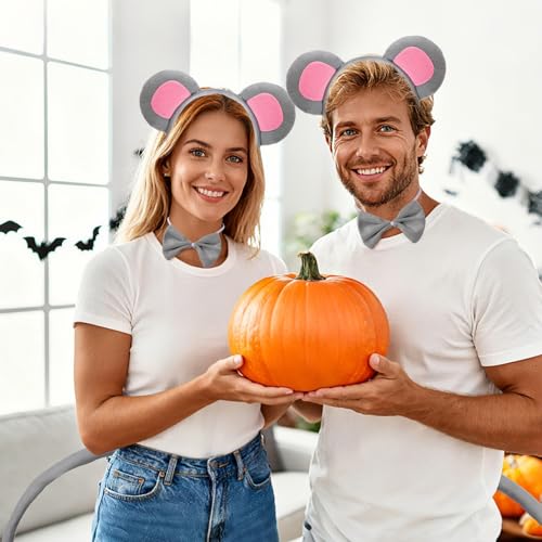 3Pcs Mouse Ears Headband Costume Accessories Set, Grey Rat Ears Headband, Bow Tie and Rat Tail Animal Fancy Dress for Women Men Halloween Christmas Cosplay Party Supplies