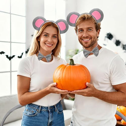 3Pcs Mouse Ears Headband Costume Accessories Set, Grey Rat Ears Headband, Bow Tie and Rat Tail Animal Fancy Dress for Women Men Halloween Christmas Cosplay Party Supplies