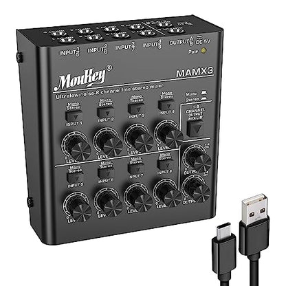 Moukey Audio Mixer, DC 5V, 8 Stereo Ultra, Low Noise 8 Channel Line Mixer for Sub-Mixing, for Small Clubs or Bars, As Guitars, Bass, Keyboards Mixer, MAMX3 - size: Large (8-channel)