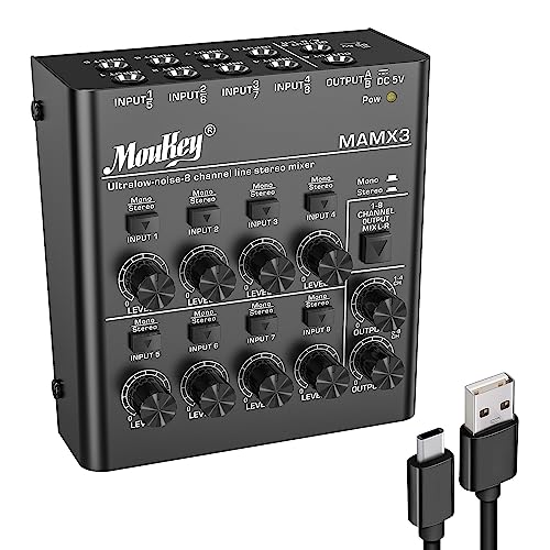 Moukey Audio Mixer, DC 5V, 8 Stereo Ultra, Low Noise 8 Channel Line Mixer for Sub-Mixing, for Small Clubs or Bars, As Guitars, Bass, Keyboards Mixer, MAMX3 - size: Large (8-channel)
