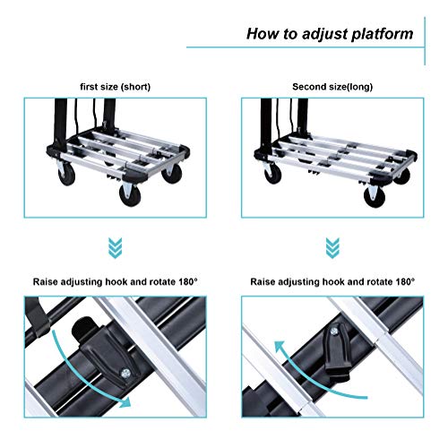 LEADALLWAY Foldable Push Cart Aluminum Alloy Platform Cart with 4-Wheel,Adjustable Length,330-LB Capacity(with 2 Ropes) | 4-Wheel,Adjustable Length,330-LB Capacity with 2 Ropes