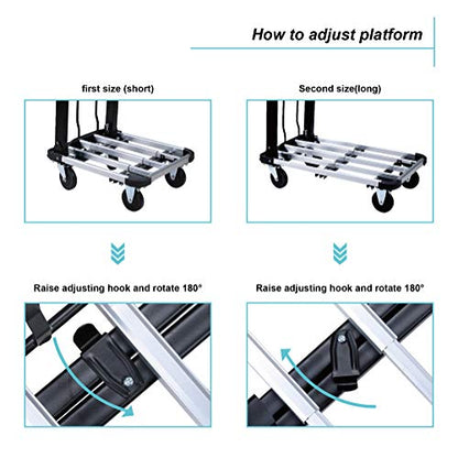 LEADALLWAY Foldable Push Cart Aluminum Alloy Platform Cart with 4-Wheel,Adjustable Length,330-LB Capacity(with 2 Ropes) | 4-Wheel,Adjustable Length,330-LB Capacity with 2 Ropes