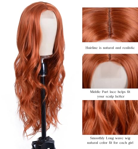 Aida ble Long Wavy Ginger Wig for Women 26inch Middle Part Synthetic Wig | Natural Looking Orange Wig,Heat Resistant Hair,Suitable for Daily Wear,Party,Halloween and Cosplay,Beginner-friendly Wig - color: Ginger