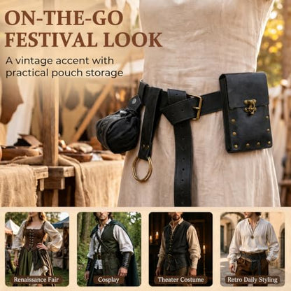 Renaissance Belt Pouch Set, Medieval Viking Pirate Leather Bag, Steampunk Waist Bag Skirt Hike Set, Halloween Cosplay Costume Accessories for Men Women (Black) - color: Black