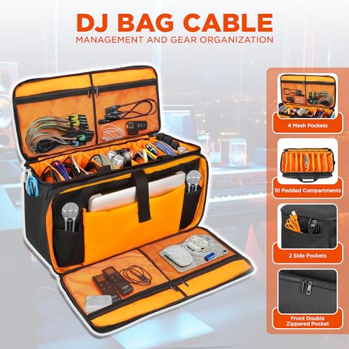 Large DJ Cable Bag Organizer, Gig Bag Padded Dividers, Laptop, Travel DJ Mixer for Musicians, Cord File, Microphone, Music Accessories