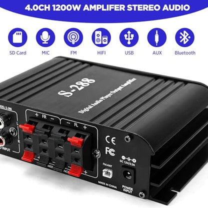 1200W Amplifier Home Audio 4 Channel, Bluetooth 5.0 RMS 45Wx4