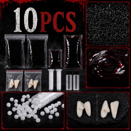 RAINFLOW 10PC Halloween Fake Blood Kit with Zombie Teeth for Cosplay Makeup | Zombie Teeth, Thermoplastic Beads, Fake Blood and Makeup Sponge for Cosplay Costume Special Effects Bruise Scar Makeup