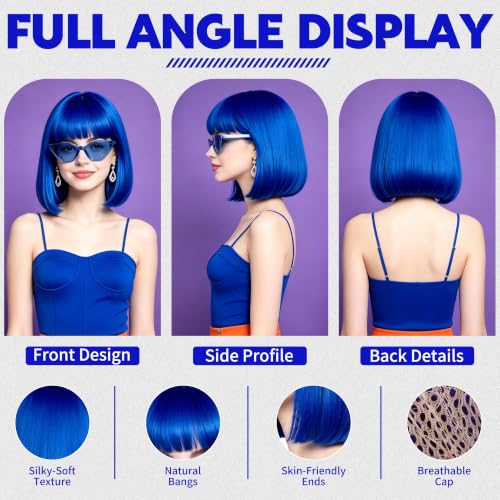 Short Bob Straight Hair Wigs with Bangs, Heat Resistant Fiber Hair, Cat Eye Glasses for Women (Blue) - color: Blue
