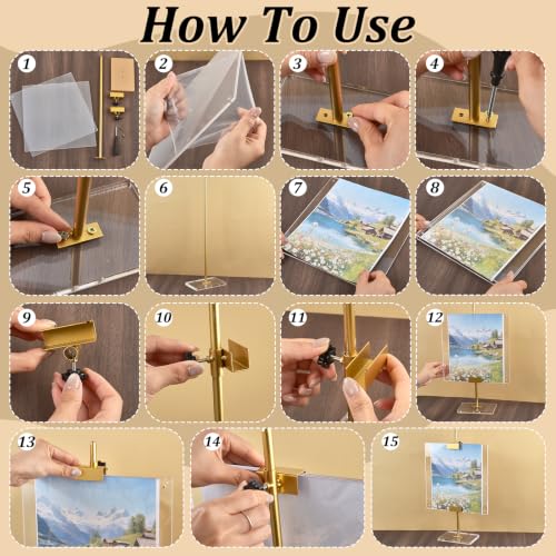Acrylic Easel Display Stand Adjustable Metal Tabletop Easel Stand with Acrylic Floating Photo Frame 16.5" for Display Picture,Art,Poster,Table Easel for Wedding Home (Gold)