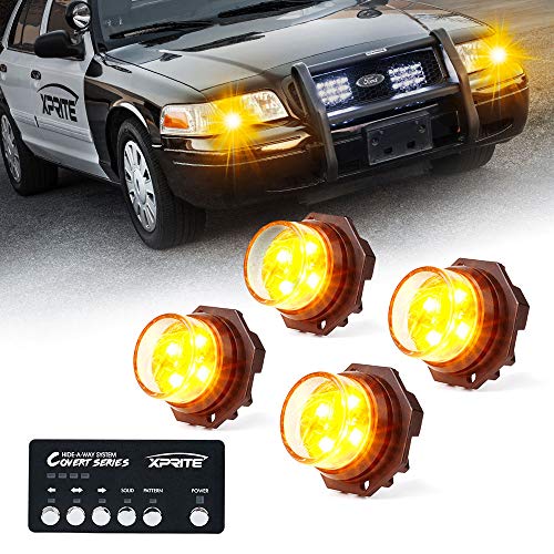 Xprite Amber LED Hideaway Strobe Lights Kit, 20 Flash Modes w/Control Panel Headlights Taillights Fog Light Interior Mounting for Construction Towing Snow Plow Pickup Work Trucks Cars 4 PCS - color: Amber, size: 4 pcs