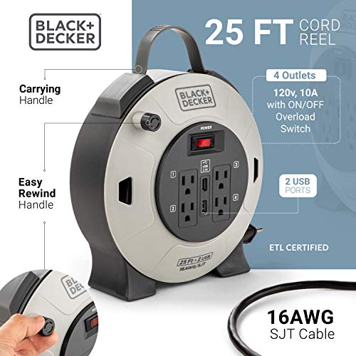 BLACK+DECKER 25 Ft. Retractable Extension Cord Reel, 4 Outlets, 2 USB Ports | 16 AWG SJT cable, multi-plug design, on/off switch, heavy-duty construction - size: 25 ft