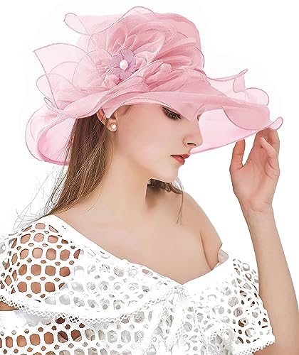 Women Derby Fascinator Hat Organza Church Wedding Hats Wide Brim Cocktail Tea Party Hat - color: 07 Light Pink