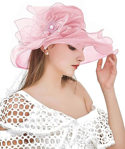 Women Derby Fascinator Hat Organza Church Wedding Hats Wide Brim Cocktail Tea Party Hat - color: 07 Light Pink