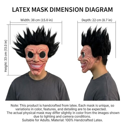 Latex Monster Mask with Black Spiky Hair, Creepy Smile Face Mask for Halloween Cosplay Party and Masquerade, Adult Size