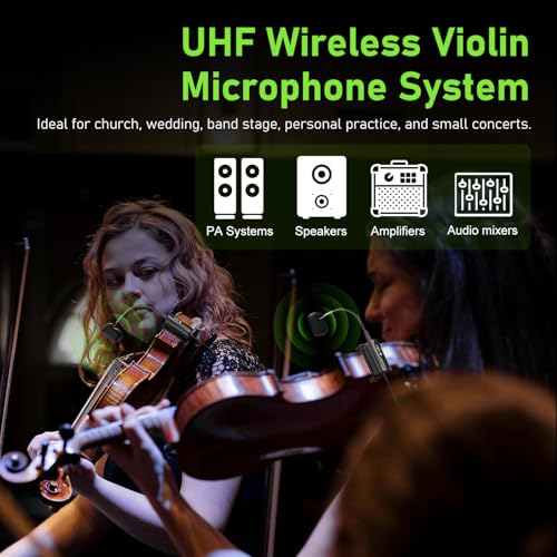 Dual UHF Violin Wireless Microphone Gooseneck Pick Up Instrument Clip-on Mic 1 Receiver and 2 Transmitter System for Violin Stage Musical Instrument Performance,Q2/VT-5
