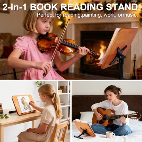 2 in 1 Dual-use Music Stand & Desktop Book Stand, Adjustable Height 16.5"-51", 100% Solid Wood Laptop Floor Stand Book Holder with Elastic Page Clips for Cookbooks (Brown-Wheeled) - color: Brown-wheeled