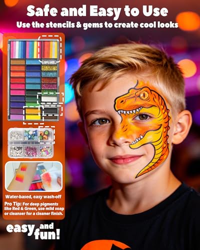 48 Colors Face Painting Kit for Kids & Adults-Water Activated Paint Palette with Stencils,Split Cake,Glitter Gels,Brushes-Body Paint Set for Halloween,Theater & Cosplay