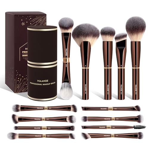 MAANGE 13Pcs Makeup Brushes with Case, Professional Brochas De Maquillaje for Face & Eyes, Soft Synthetic Foundation Powder Blush Eyeshadow Brush Kit with Gift Box,CoffeeBrown - color: CoffeeBrown