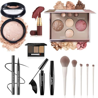 All-In-One Beginner Makeup Kit for Women - 7-Shade Baked Powder Palette, Brow Powder, Setting Powder, Matte Lipstick, Eyeliner, Mascara & 5 Brushes - Full Face Makeup Set for Daily Wear & Travel - color: 7-Baked