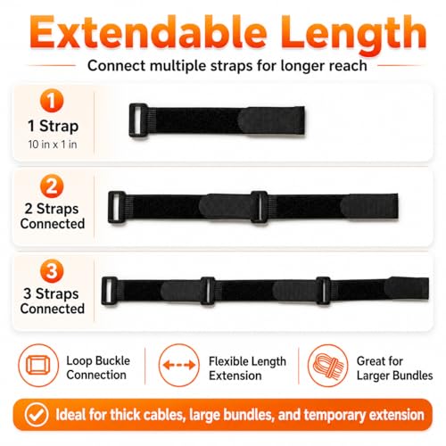 Ysenchan Hook and Loop Straps with Buckle, Reusable Adjustable Cable Management Straps, Heavy Duty Cinch Straps for Cords, Hoses, Bike Gear & Home Organization, 1" x 10", Black, 10 Pack - size: 10 Inch