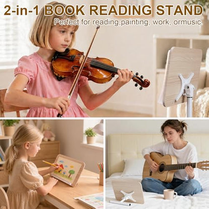 2 in 1 Dual-use Music Stand & Desktop Book Stand, Adjustable Height 16.5"-51", 100% Solid Wood Laptop Floor Stand Book Holder with Elastic Page Clips for Cookbooks (White) - color: White
