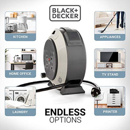 BLACK+DECKER 20 Ft. Retractable Extension Cord Reel, 4 Outlets | 16 AWG SJT cable, thermal breaker reset button, multi-plug design, heavy-duty - size: 20 ft