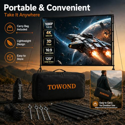120 Inch Projector Screen with Stand for TOWOND Outdoor 4K Backyard Movies | Lightweight 19mm tripod, front/rear 16:9 screen and carry bag for backyard movie nights, camping and indoor use.