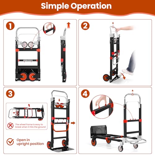 3-in-1 Folding Hand Truck, 600lb Convertible 4 to 2 Wheel Dolly Cart Red - color: Red-1