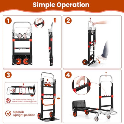 3-in-1 Folding Hand Truck, 600lb Convertible 4 to 2 Wheel Dolly Cart Red - color: Red-1