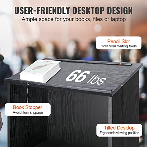 VEVOR Podium Stand, 47-inch Mobile Lectern with 4 Casters, Wooden Presentation Stand with Shelves, Angled Top, for Church, Office, School, Home Use, Black - color: Black