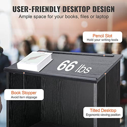 VEVOR Podium Stand, 47-inch Mobile Lectern with 4 Casters, Wooden Presentation Stand with Shelves, Angled Top, for Church, Office, School, Home Use, Black - color: Black