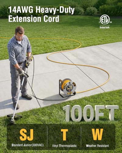 Retractable Extension Cord Reel 100 Ft, Metal Steel Cable Drum | 4 Grounded Outlets, USB-A & USB-C Port, 13A Circuit Breaker, Hand Crank 14 AWG Extension Cord Reel for Garage, Jobsite - size: 100FT 14AWG
