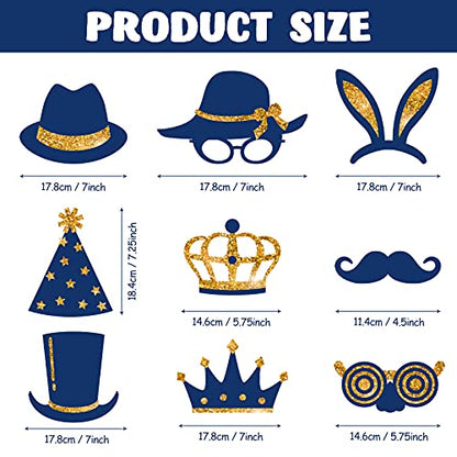 Zonon 24 Pcs Photo Booth Props Set Black Gold Birthday,Gold and Navy Blue | Props on Sticks for Wedding, Reunion, Prom, Includes Mustache, Hats, Glasses, Ties, Lips, Crowns, Fun Party Accessories - color: Gold and Navy Blue