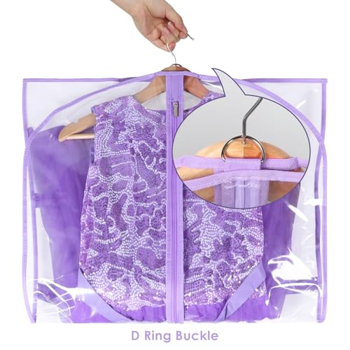 40 Inch Clear Garment Bags for Dance Costumes, 6 Pack, Purple | Dance garment bags for Dancers, 3 Zipper Pocket, Foldable Garment Bags for Hanging Clothes, Competitions & Travel - color: Clear Purple