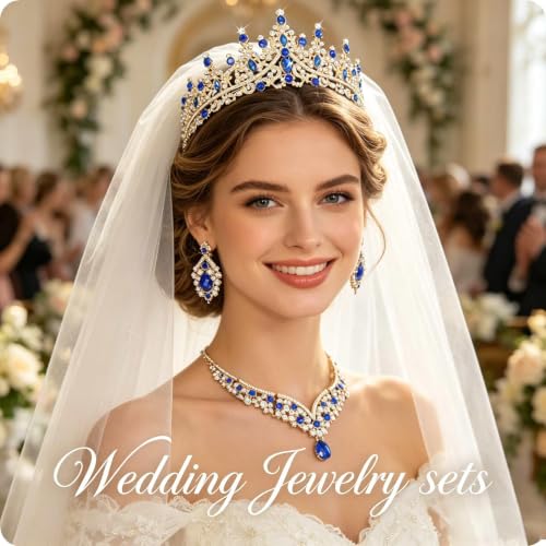 Tiaras Crowns for Women,Wedding Jewelry Set, Tiaras Necklace Earrings Crystal Bridal Wedding Jewelry Sets for Brides Bridesmaid Prom Costume Accessories - color: Gold Blue