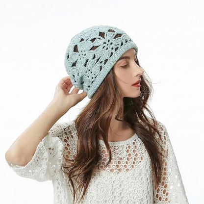 ZLYC Women Cotton Crochet Slouchy Beanie Hat Handmade Knit Summer Skull Cap | Lightweight breathable,boho casual chic look,travel photos festival party,café commute daily wear,beach concert gathering - color: Crochet Blue