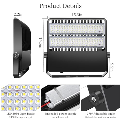 240W LED Stadium Flood Lights Outdoor 36000LM Super Bright | Yoke Wall Mount with Adjustable Bracket Parking Lot Floodlights 5000K 100V-277V Commercial IP65 Waterproof Black Arena Lamp - size: Large/240-1