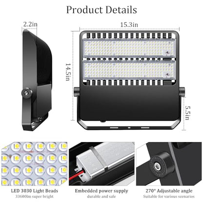 240W LED Stadium Flood Lights Outdoor 36000LM Super Bright | Yoke Wall Mount with Adjustable Bracket Parking Lot Floodlights 5000K 100V-277V Commercial IP65 Waterproof Black Arena Lamp - size: Large/240-1