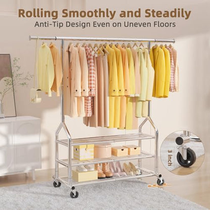 EAGMAK Heavy Duty Clothes Rack Load 688 LBS, Rolling Clothing Rack With 3 Shelves, Adjustable Metal Clothes Hanger with Wheels Portable Wardrobe Organizer Garment Rod for Hanging Clothes (Silver) - color: Silver, style: 3 Shelves