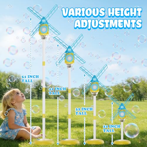 Belemar Windmill Bubble Machine Toys for Kids & Boys, Standing Bubble Blower with Lights & Music, 51" Adjustable Height, 130ml Tank, Bubble Solution Included, Outdoor Toy for Parties & Birthdays - color: Blue
