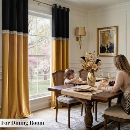 GIGIZAZA Velvet Curtains 84 Inch for Living Room 2 Panels Black Gold - color: Black+gold, size: 52"W x 84"L (Pack of 2)