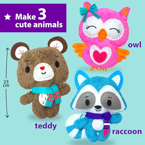 KRAFUN Teddy, Raccoon & Owl Sewing Kit for Kids Ages 7-12 | Sew 3 stuffed animals: Teddy, Raccoon & Owl. Instructions & plush felt included. Beginner learn-to-sew craft gift - color: Teddy & Friends