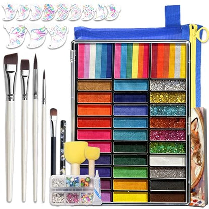 48 Colors Face Painting Kit for Kids & Adults-Water Activated Paint Palette with Stencils,Split Cake,Glitter Gels,Brushes-Body Paint Set for Halloween,Theater & Cosplay