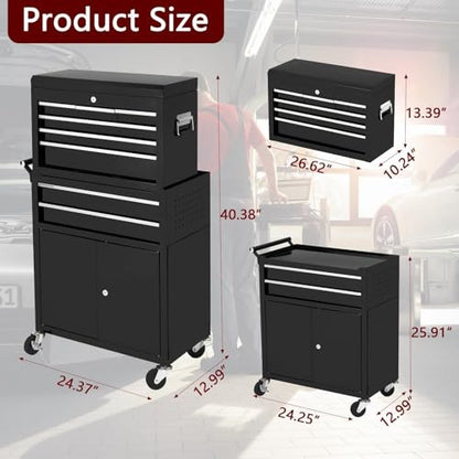Heavy Duty 5-Drawer Rolling Tool Chest, 2-in-1 Detachable Top Tool Box, Locking Steel Storage Cabinet Cart on Wheels, Red&Black - color: Red&black, size: 5 Drawers