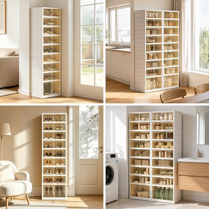 Foldable Shoe Rack Set of 2, 9 Tier Collapsible Shoe Rack with Magnetic Doors, Large Capacity Clear Display Cabinet with Wheels for 18 Pairs, Apartment Entryway - size: 9 Layers-B