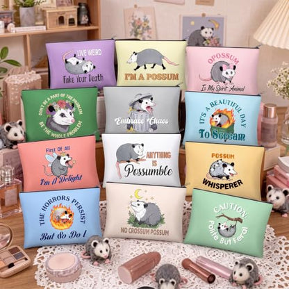 Reginary 12 Pcs Funny Possum Gifts Possum Makeup Bag Cosmetic Bag for Women | Opossum Double Sided Print Polyester Zipper Pouches, Cute Novelty Travel Bag, Christmas Birthday Funny Gift for Women Friend - style: Possum