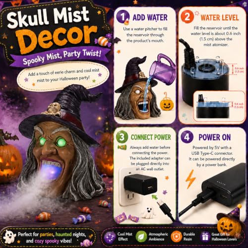 Wicked Witch Head Halloween Statue with Mist Maker, Add Water Smoking Prop with LED Green Eyes, Hand-Painted Faux Marble Resin Spooky Entryway Centerpiece - color: Witch Fog Light Decor