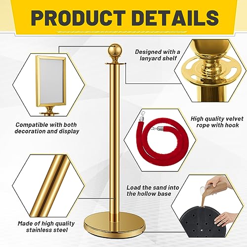 Velvet Ropes and Posts, 4 Stainless Steel Stanchions, Sign Holder, Gold | 2x5 ft Velvet Ropes, Fillable Bases, Sign Holder, Crowd Control Barriers for Red Carpet Events, Hotel, Theater, Weddings - color: Gold