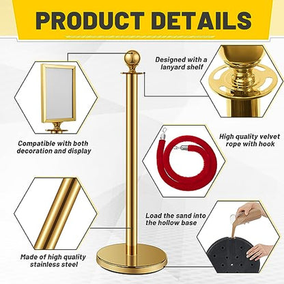 Velvet Ropes and Posts, 4 Stainless Steel Stanchions, Sign Holder, Gold | 2x5 ft Velvet Ropes, Fillable Bases, Sign Holder, Crowd Control Barriers for Red Carpet Events, Hotel, Theater, Weddings - color: Gold